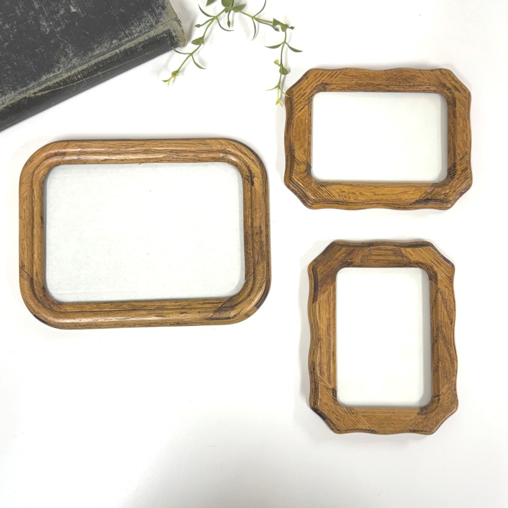 Vintage Solid Oak Wood Picture Frame Set of 3 Scalloped Rounded Rustic Brown